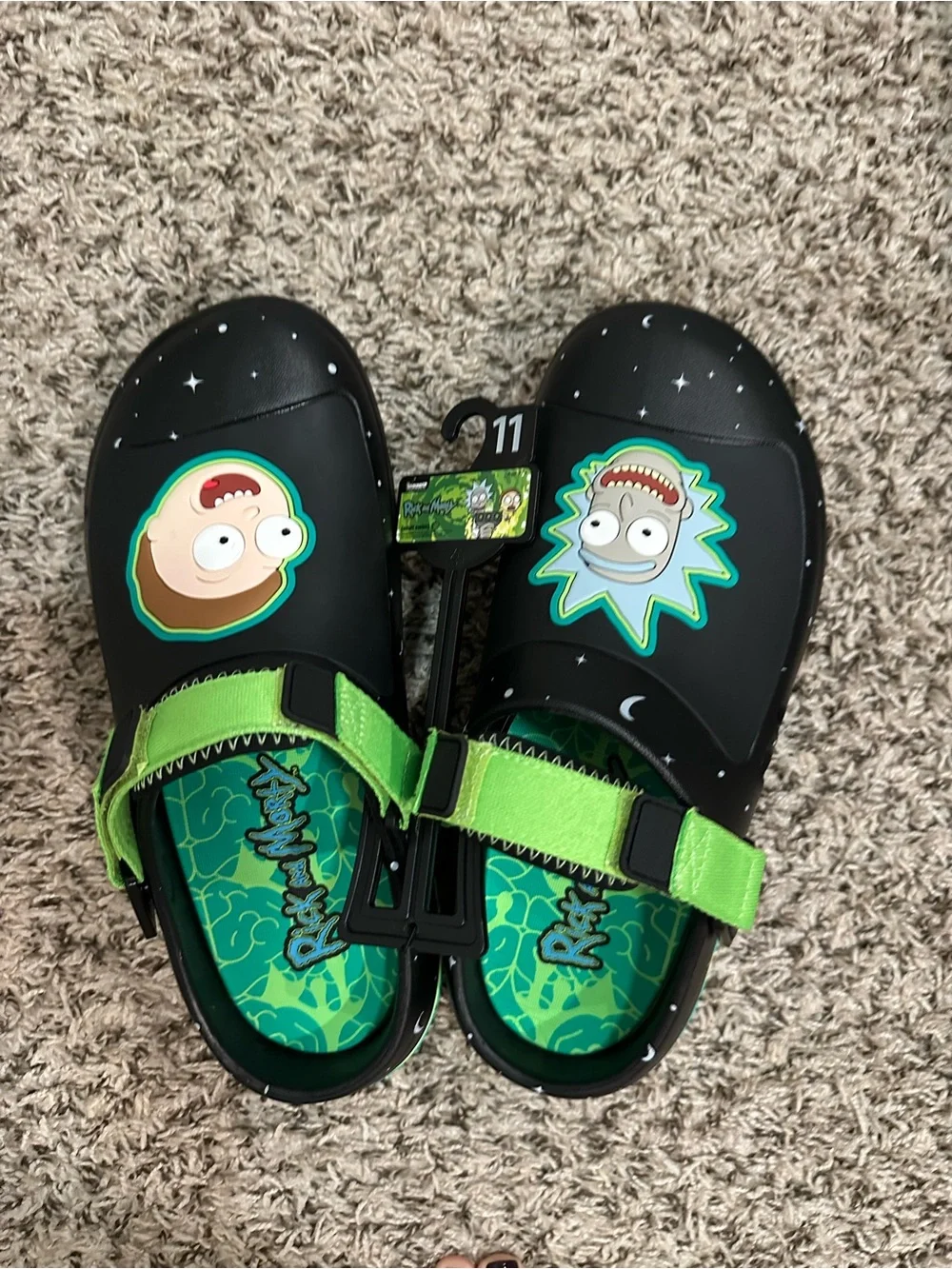 Rick and Morty Kids' Black & Green Slip-On Sandals - Size 11